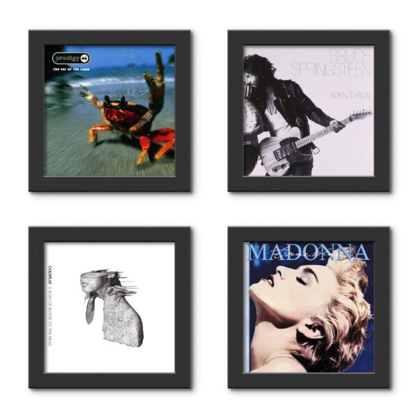 Four black record flip frames